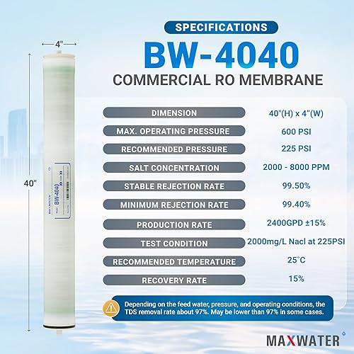 Miniatura 2 de Max Water Elemento de membrana RO de agua salobre -BW-4040 2400 GPD, tamaño de ósmosis inversa comercial de 4 x 40 pulgadas, bueno para uso