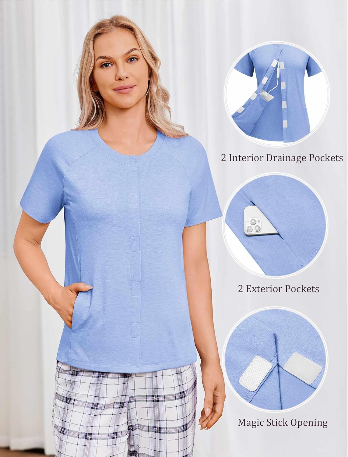 Deyeek Mastectomy Shirts with Drain Pockets for Women Short Sleeve Shirt Chemotherapy Must Haves - Image 4