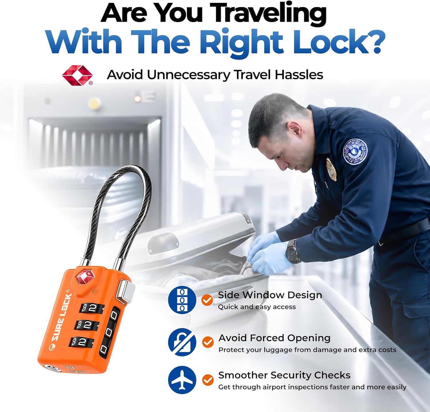 SURE LOCK TSA Approved Combination Luggage Locks with Open Alert Indicator – Durable Zinc Alloy Cable Travel Locks with Large Easy-Read Dials for Suitcases, Backpacks & Gym Bags Orange 4 Pack image 3
