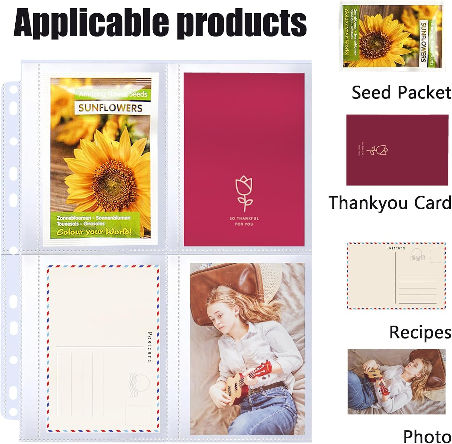 60 Pack 240 Pockets Seed Packet Sleeves, Garden Seed Storage Organizer Pages for 3 Ring Binder, Slot Size 3.5"x 5", Sleeves for Seed Protector Holder Container, Postcards Photos Cards
