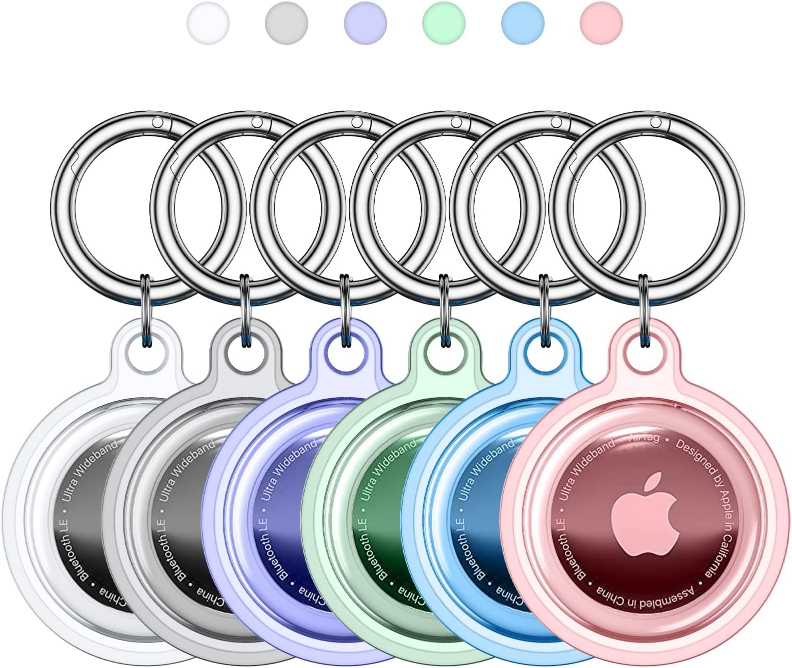Adorve Airtag Holder, Waterproof Airtag Keychain, Apple Air Tag Case, 6 Pack Protective Airrtag Tracker Case with Key Ring for Dog Collar, Luggage, Keys, Kids, Clear/Pink/Purple/Blue/Gray/Pine Green