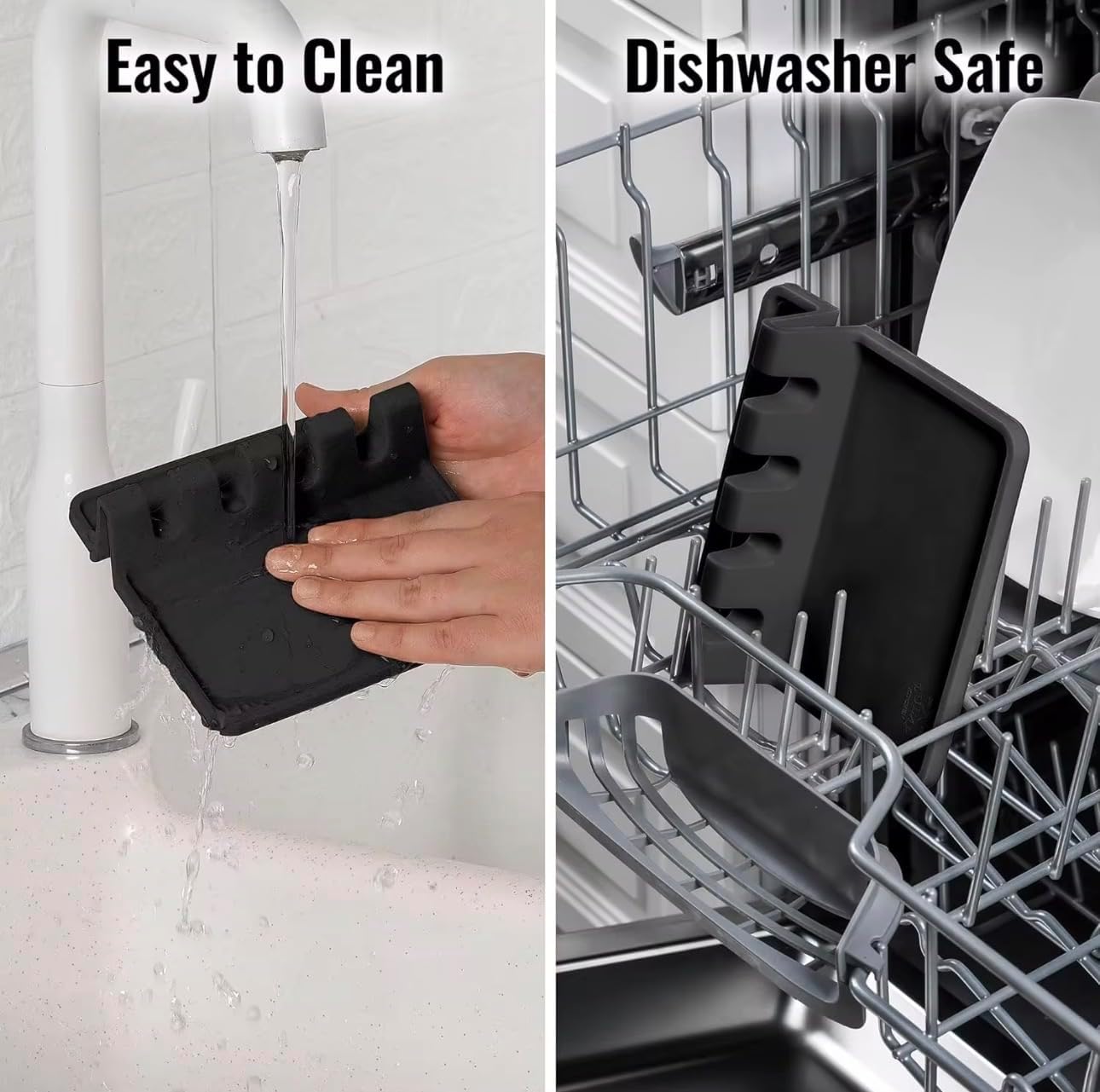 Spoon Rest for Stove Top, Silicone Spoon Holder for Kitchen Counter, Heat Resistant Drip Pad, BPA Free, Non-Slip, 4 Slots, Includes 2 Bonus Sponges (Black)