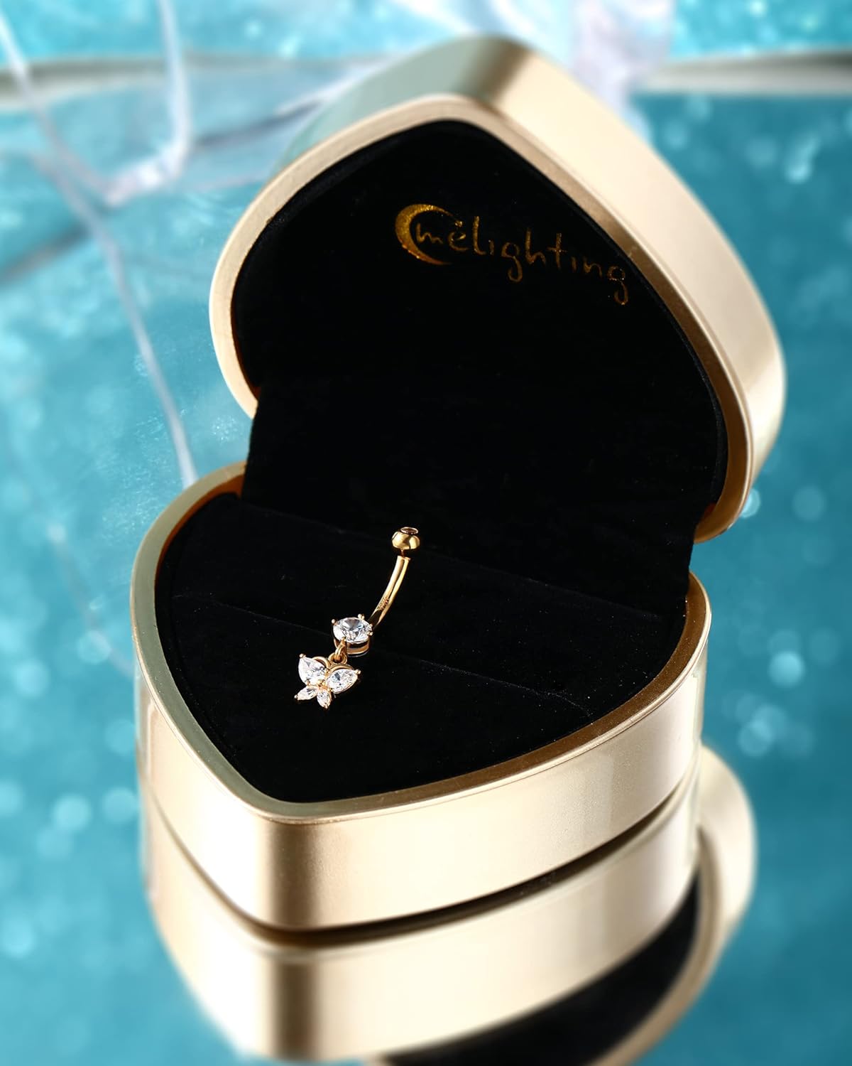 Melighting 14K Solid Gold Butterfly Belly Button Rings for Women - Dangle Belly Piercing With Clear CZ - Navel Rings for Woman Body Piercing Jewelry - Image 6