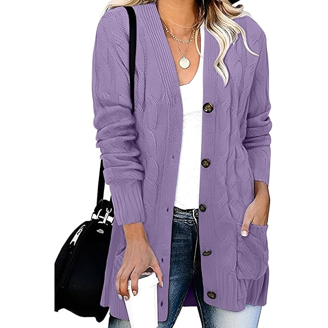 YRAETENM Womens Open Front Cardigan Sweaters Fall Cable Knit Chunky Button Down Long Sleeve Outerwear Coats with Pockets