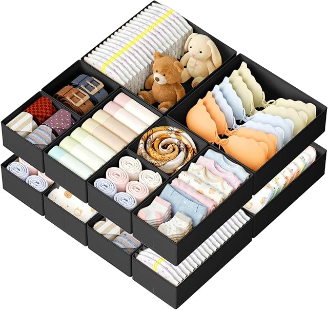DIMJ Drawer Organisers and Clothes Dividers - 12 Pack Fabric Wardrobe Storage Cubes Foldable Draw Box for Socks, Underwear, Baby Clothing, Ties, Nursery, Bedroom, Chest of Drawers, Black