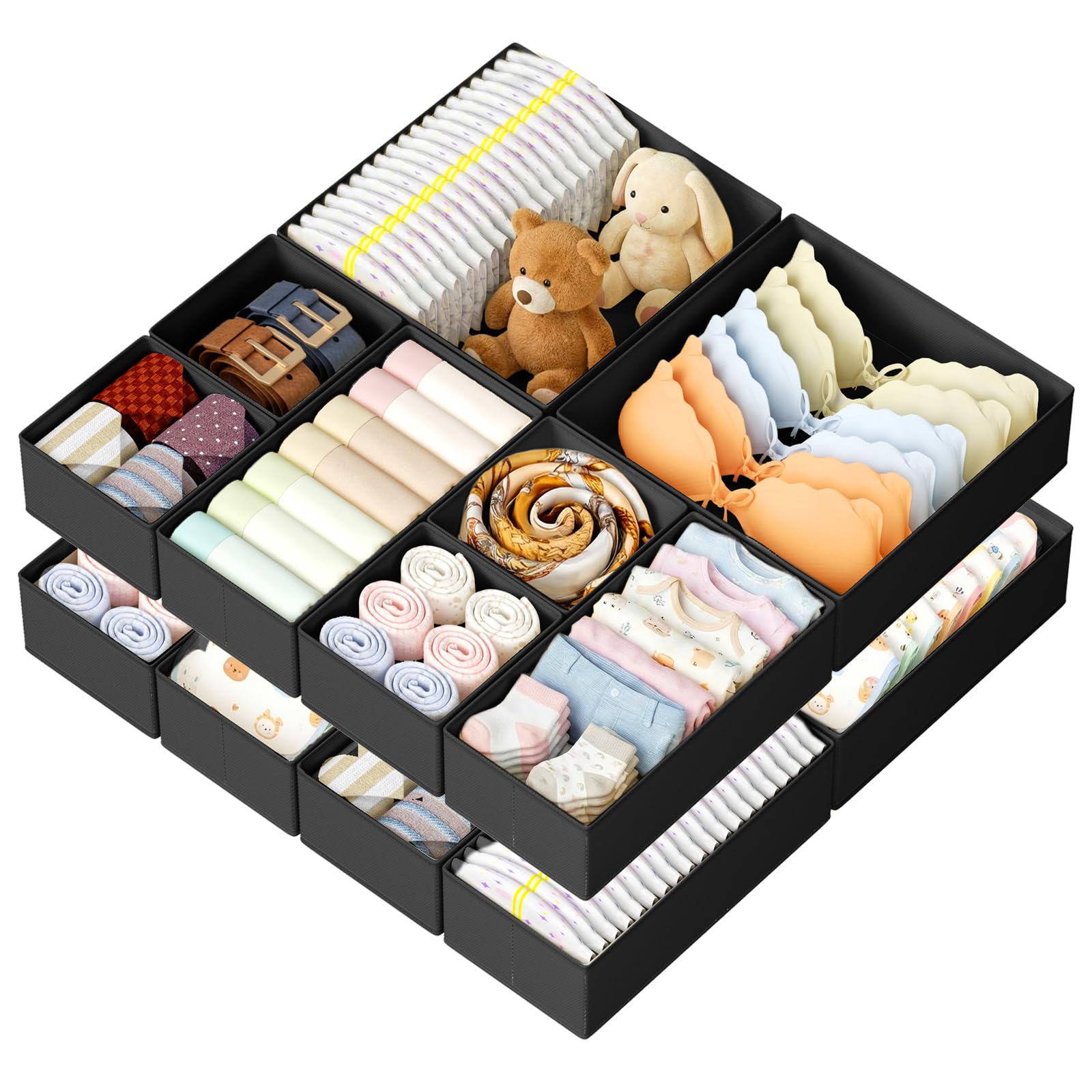 DIMJ Drawer Organisers and Clothes Dividers - 12 Pack Fabric Wardrobe Storage Cubes Foldable Draw Box for Socks, Underwear, Baby Clothing, Ties, Nursery, Bedroom, Chest of Drawers, Black