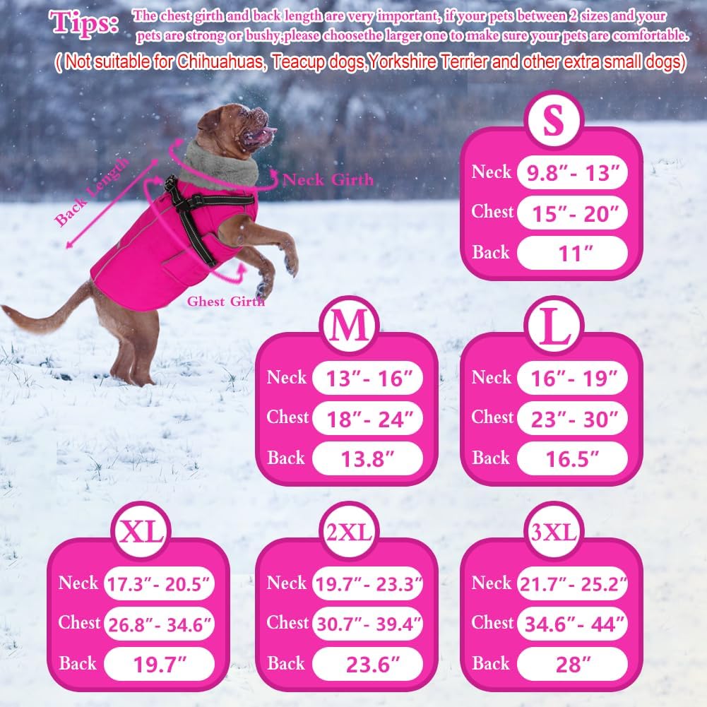 Doglay 2 in 1 Dog Coat with Harness Built-in, Waterproof Dog Winter Jacket with Pocket & Poop Bags, Reflective Adjustable Pet Winter Coat for Small, Medium, Large Dogs - Pink, L