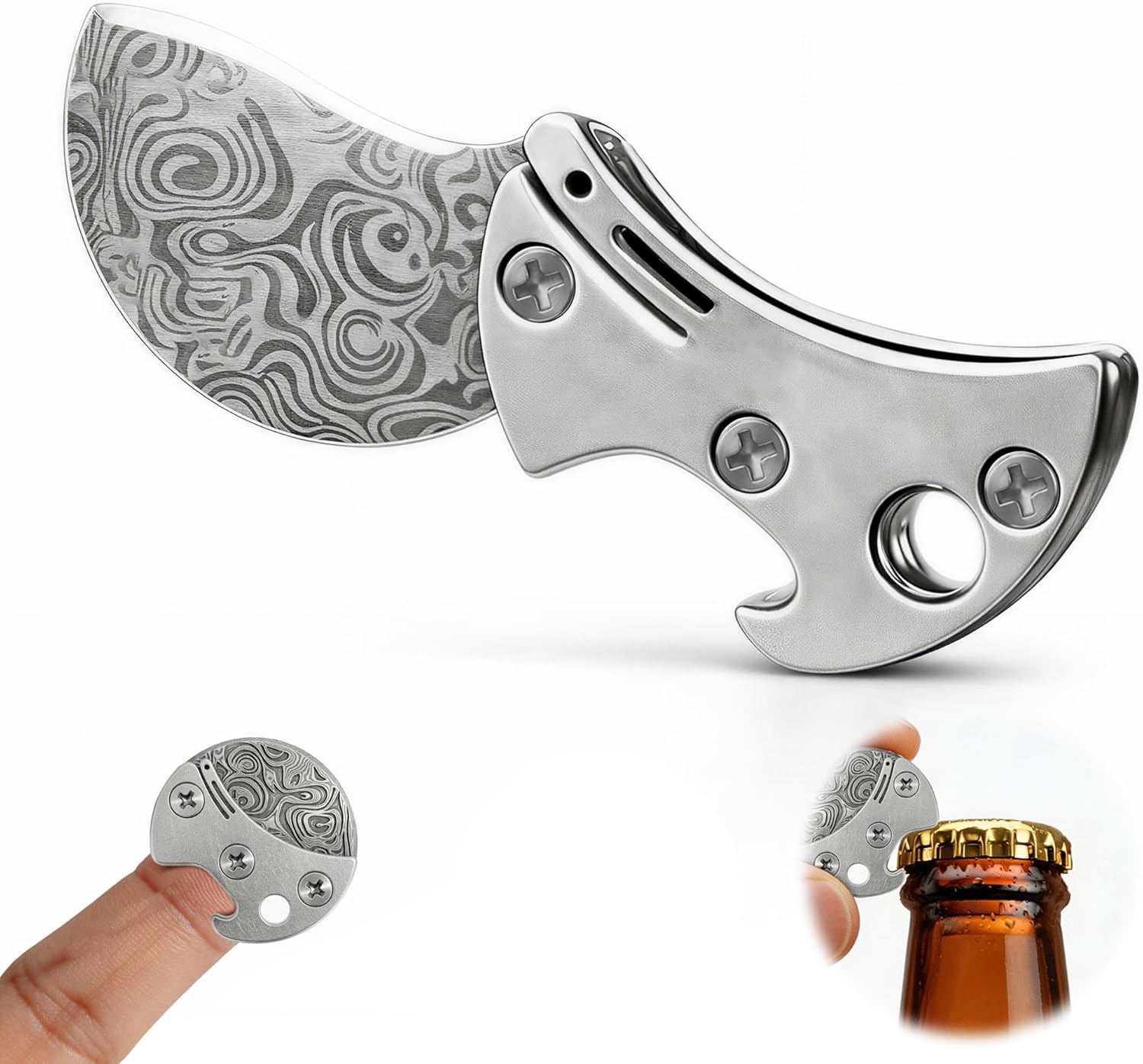 Mini Coin Keychain Tool: Titanium Compact Bottle Opener & EDC Cutter 2 PCS - Damascus Steel Pocket Tool Portable for Packages Camping BBQ - Unique Gift for Men