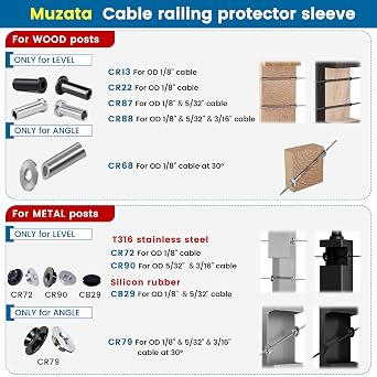 Muzata 40Pack Cable Railing Level Protector Sleeve for Metal Post CR72 | ONLY for Stainless Steel Post on Level Runs, Deck Cable Railing Hardware for OD 1/8 Wire Rope, T316 Stainless Steel