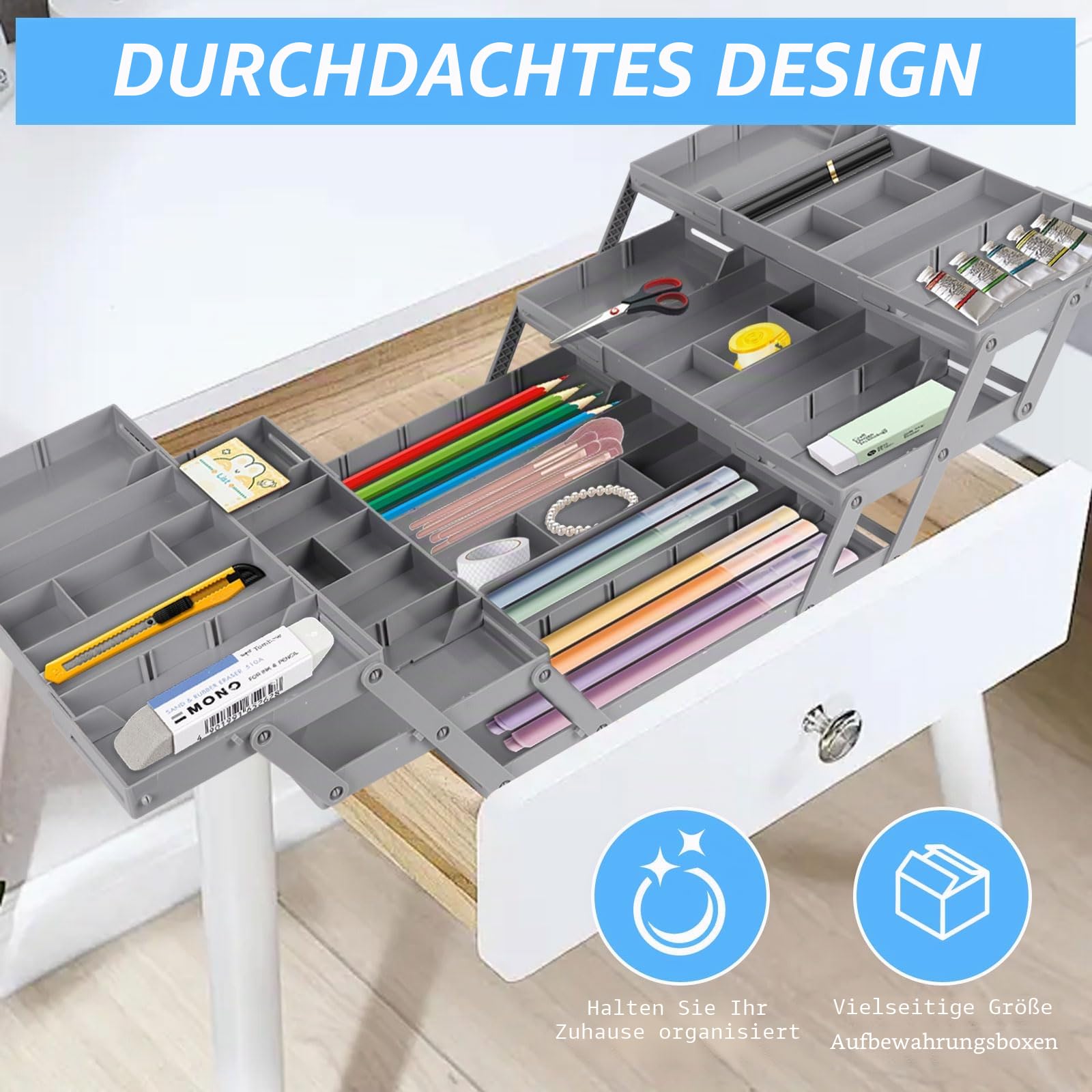 Schubladen Organizer System Verstellbar Faltbar, 3 Stufige Expandable Schubladen Organizer, Faltbare Desktop Organizer Box Werkzeug Aufbewahrung für Schreibtisch Schminktisch Büro Küche(Doppelreihig)