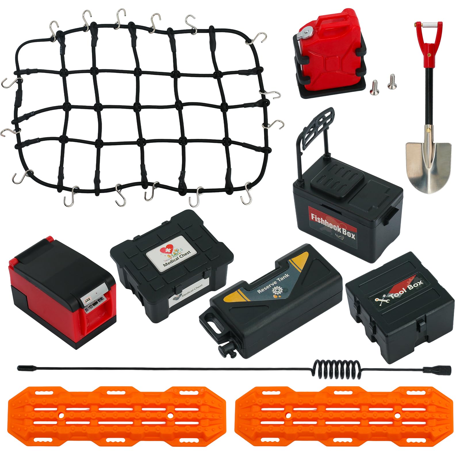 RC Crawler Roof Rack Accessories Set Simulation Luggage Net/Fuel Tanks/Shovel/Recovery Boards/Fishing Boxes Tool Case/Antennas Compatible with Traxxas 1/10 TRX4 TRX6/Axial SCX10/Redcat Gen7 Gen8