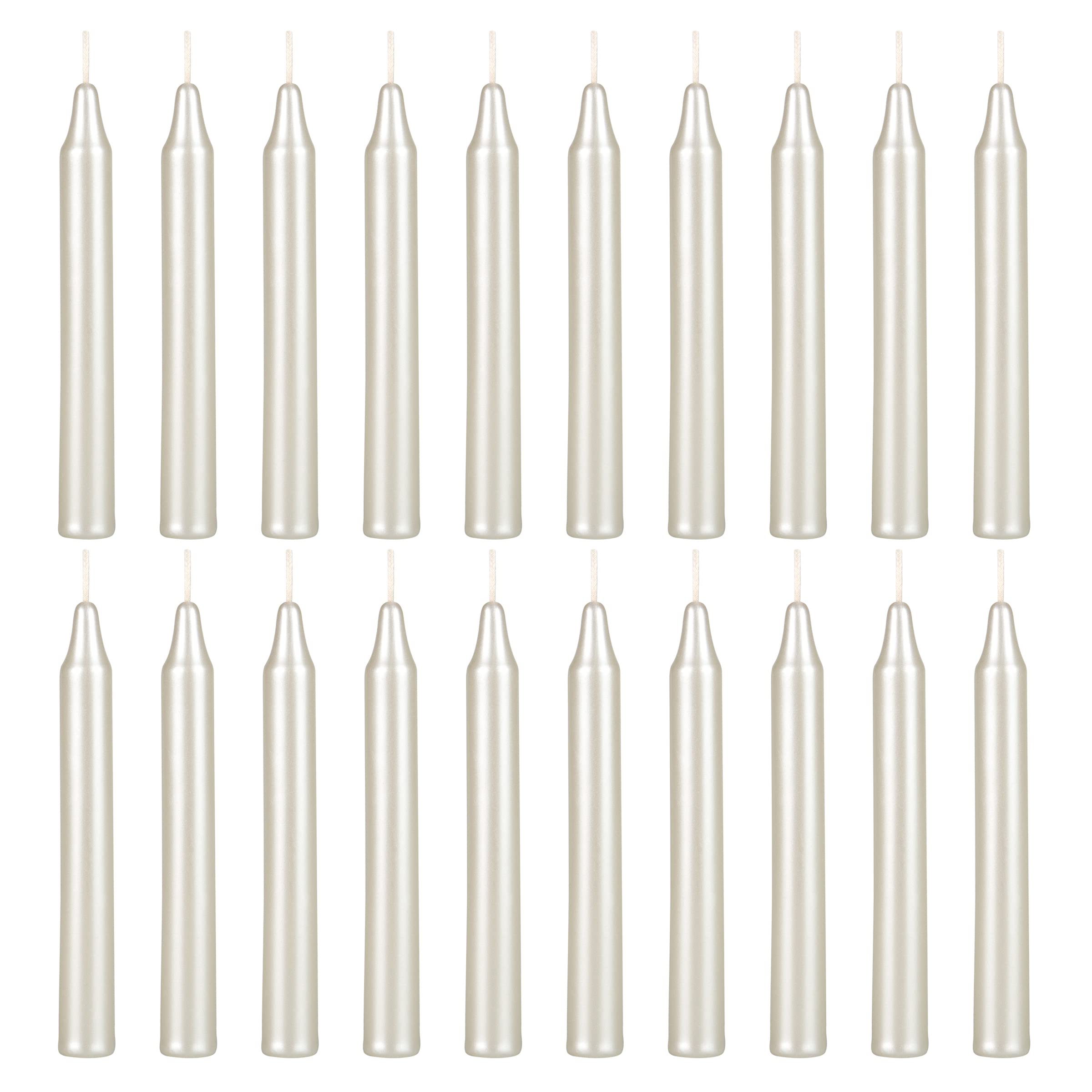 Mega Candles 20 pcs Unscented Metallic White Exquisite Mini Taper Spell Candles, 4 Inch Tall x 1/2 Inch Diameter, Magic Chimes, Enchantment, Casting