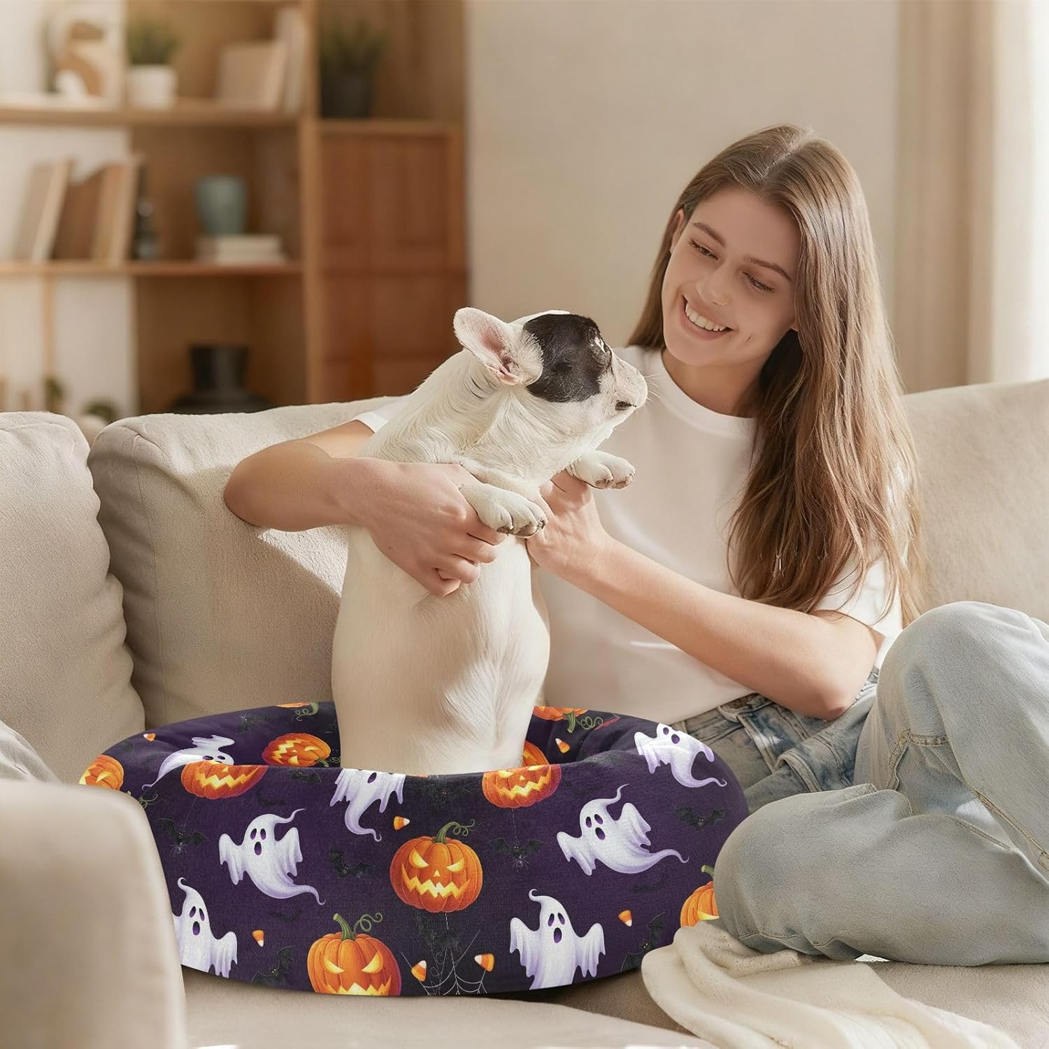 Pet Dog Bed Calming Anti Anxiety Fluffy Cat Pillow Bed for Small Size Pets Supplies M Halloween Pumpkin Purple