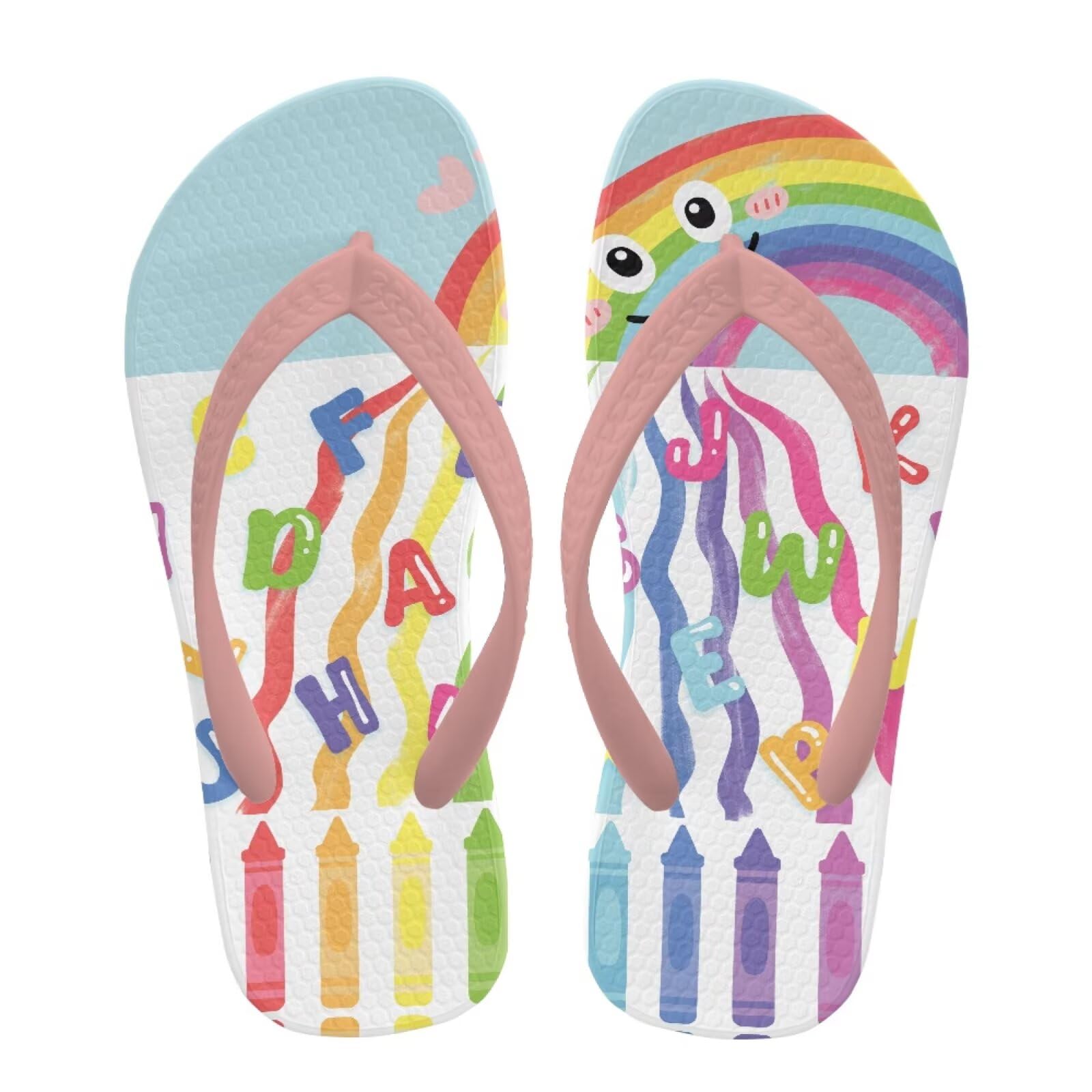 Watdotory Girls Boys Flip Flops Sandals Kids Water Shoes - Cartoon Rainbow Print - Thong Beach Slides Summer Slip-on Quick Dry Toddler Little Kid Size 13.5