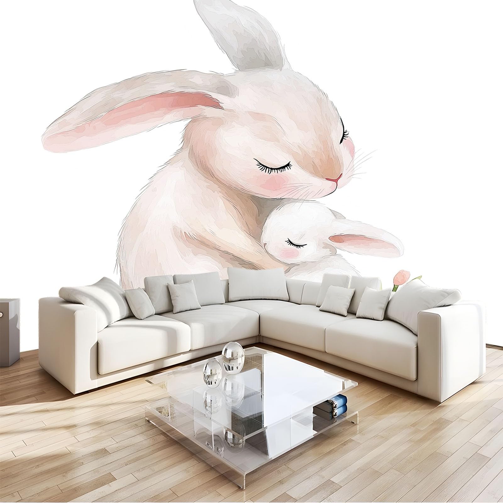 Papier peint panoramique lapin aquarelle 3D fresque murale 300x210 cm pour chambre d'enfant
