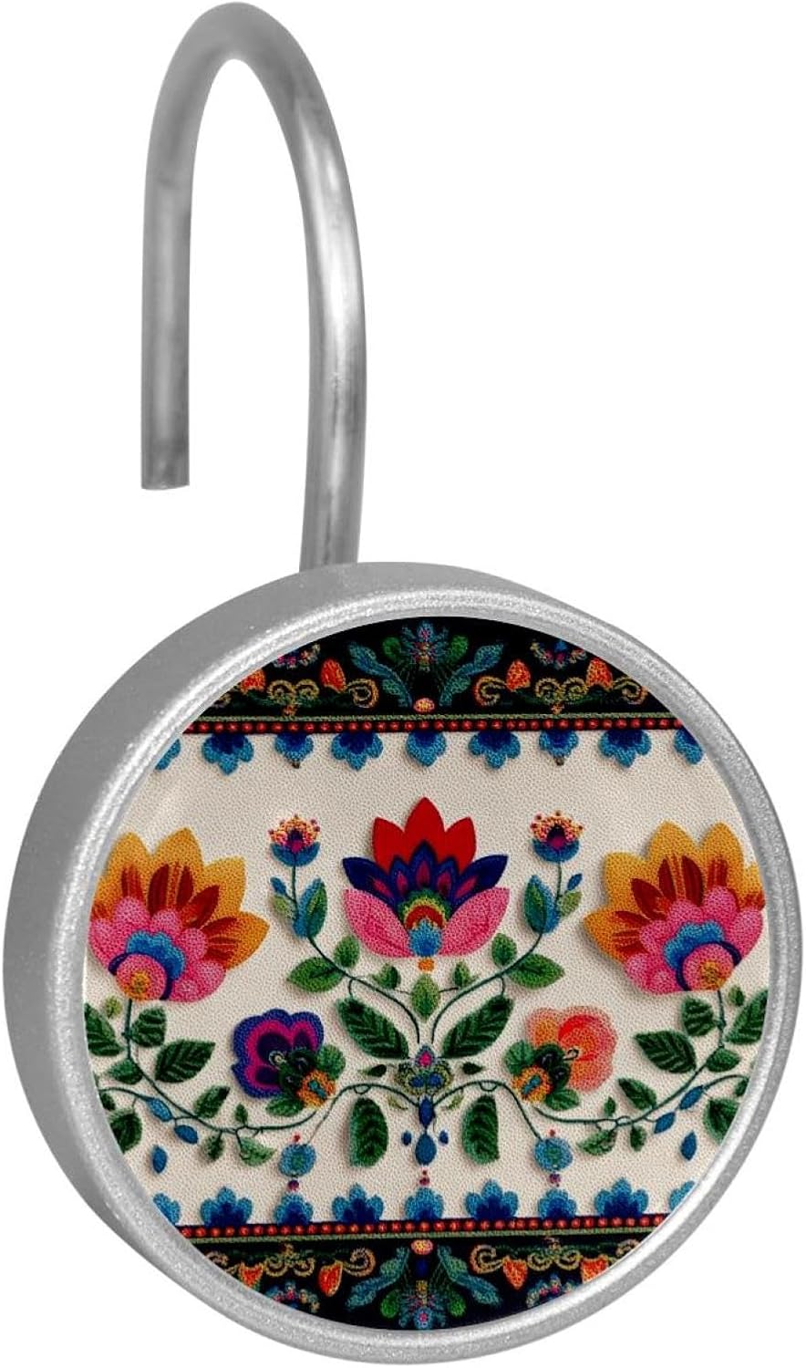 Set of 12 Motifs African Boho Paisley Floral (7) Shower Curtain Hooks, Stainless Steel Rust-Resistant Decorative Hanger Rings