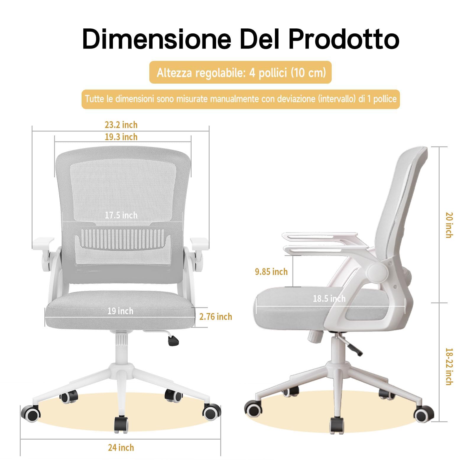 naspaluro Sedia da Ufficio Scrivania Ergonomica, Con Braccioli Pieghevoli, Altezza Regolabile, Seduta e Schienale in Rete Respirante, Girevole con Ruote, Funzione Oscillante Grigio