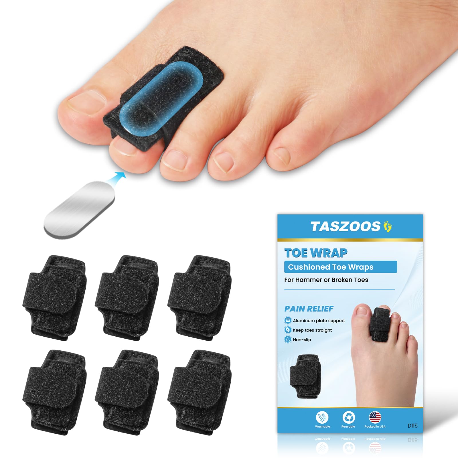 6pcs Black Hammer Toe Straightener Corrector for Women Men - Hammer Toe Straightener with Aluminum Plate Adjustable Toe
