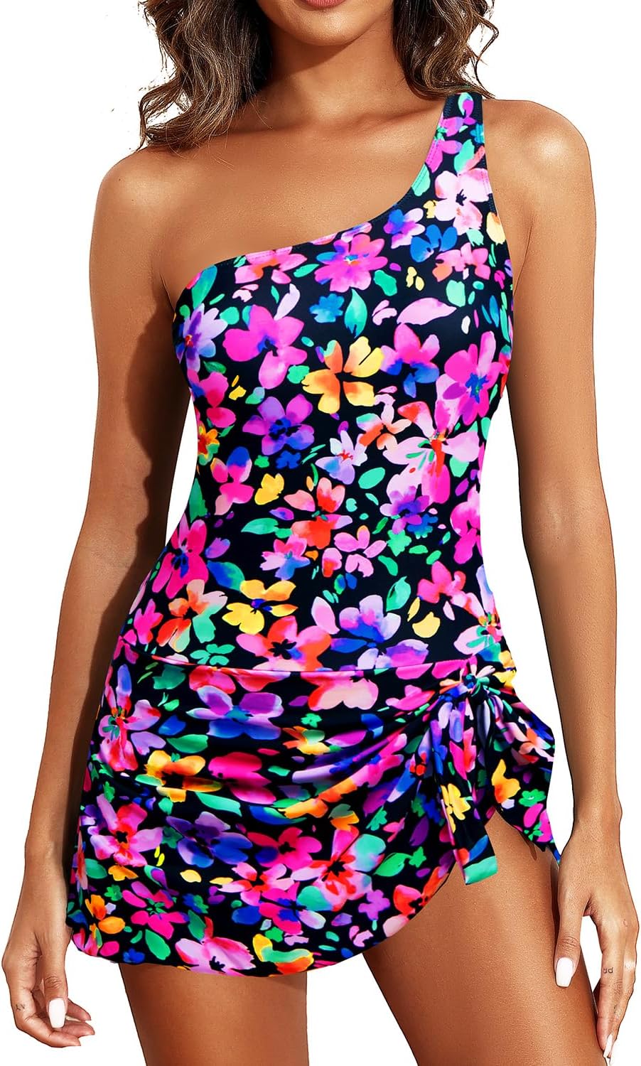 Tempt Me Women One Piece Swim Dress One Shoulder Swimsuit with Skirt Tummy Control Swimdress Bathing Suit