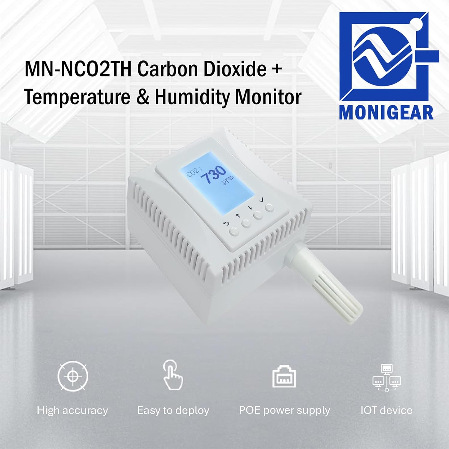 Indoor Air Quality Monitor, 3-in-1 Temperature Humidity CO2 Sensor, AWS/Azure/Tuya IoT with PoE, LCD Display, Protocol: MQTT, BACnet, SNMP, Modbus TCP, Home Assistant Ready, Email/IFTTT alarm