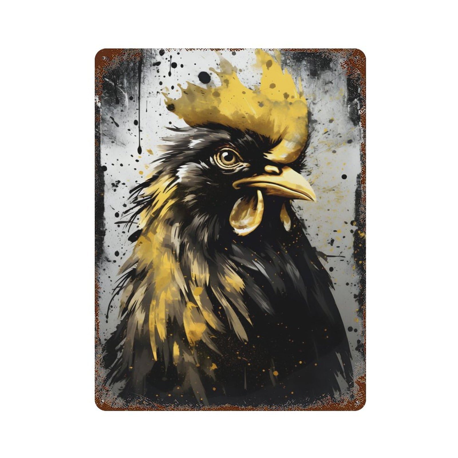 Garage Style Black And Gold Rooster Distressed Metal Wall Sign 15.7"x11.8", Novelty Wall Decor for Bar And Workshop