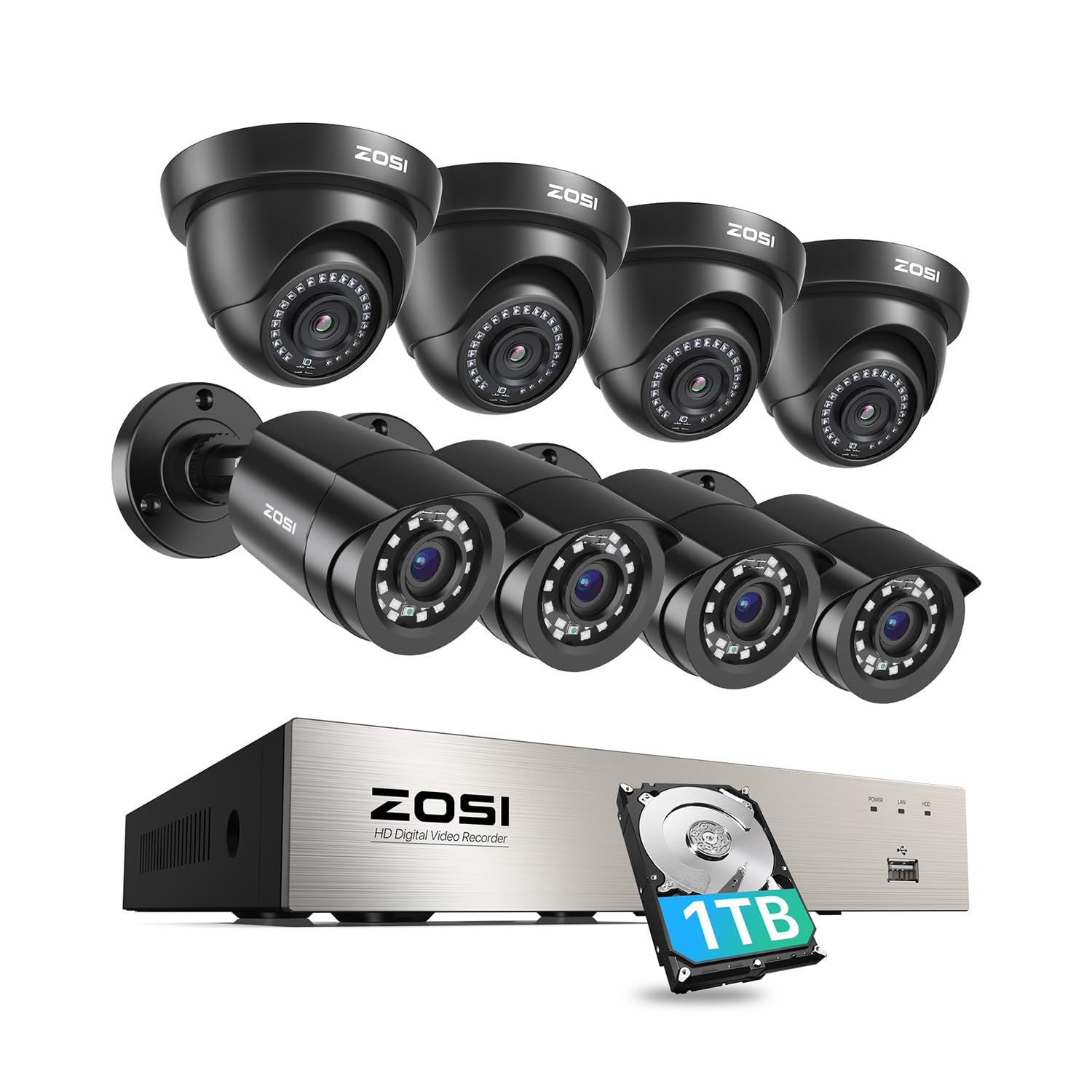 ZOSI 3K Lite Wired Security Camera System Outdoor,8pcs 1920TVL 1080P Surveillance Cameras,80ft Night Vision,8 Channel H.265+ 5MP Lite CCTV DVR with