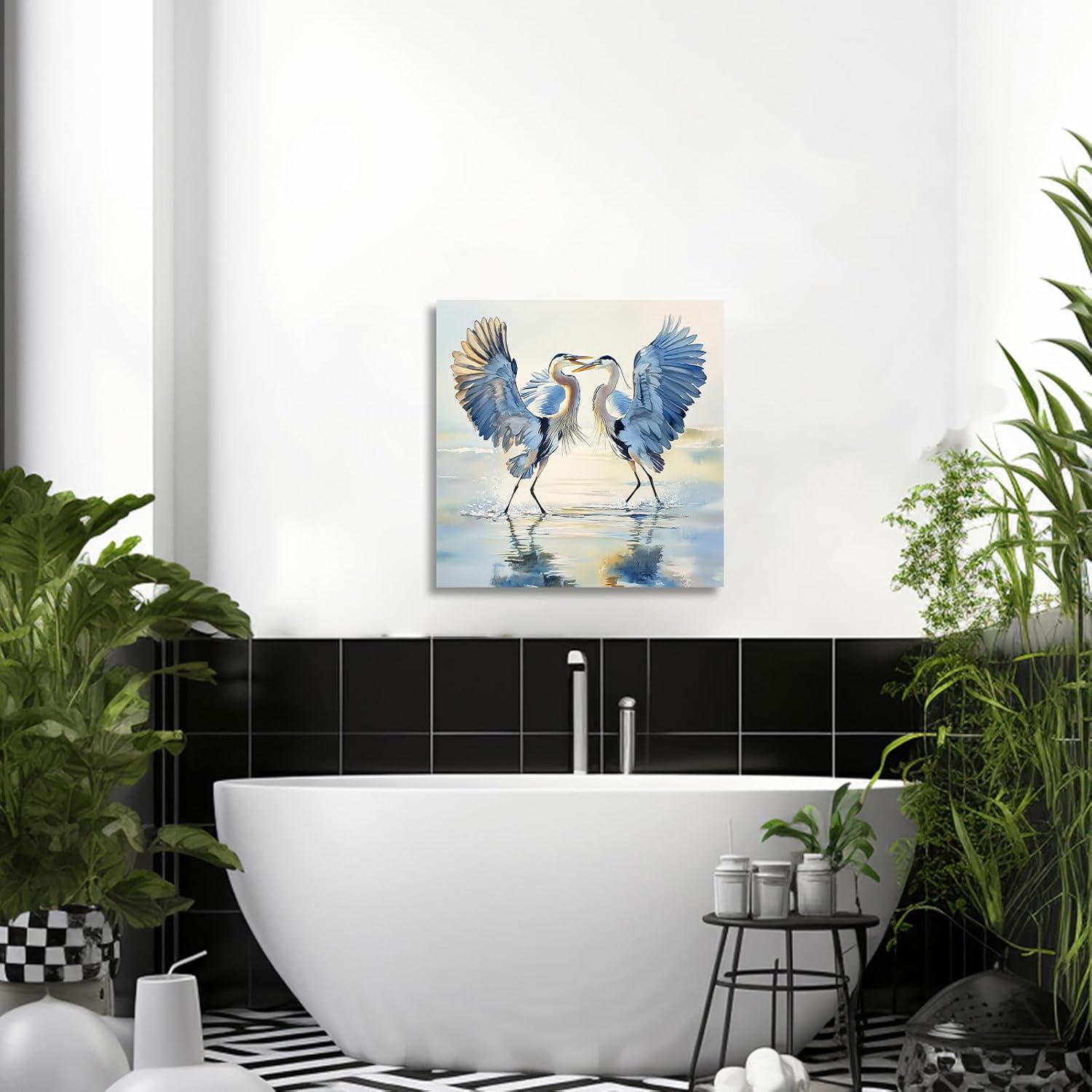 XLMDYYSW Blue Heron Wall Art Heron Couple Pictures Coastal Crane Painting Seaside Love Birds Canvas Prints Ocean Wild Animal Artwork Bathroom Decor Framed (White, 18L x 18W)