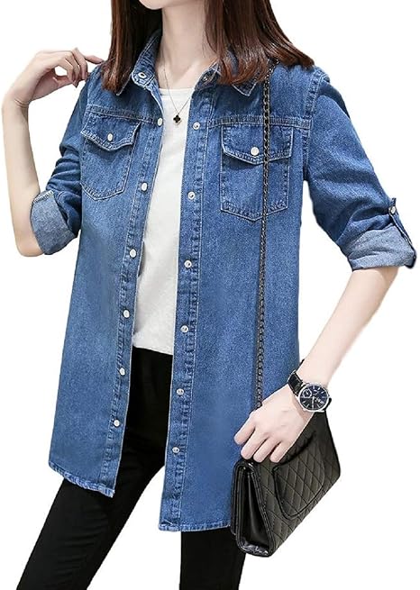 Amazon エモルナ 長袖 デニム ロング シャツ レディース トップス 羽織り シャツ ブラウス 通販 Amazon エモルナ 長袖 デニム ロング シャツ レディース トップス 羽織り シャツ ブラウス 通販