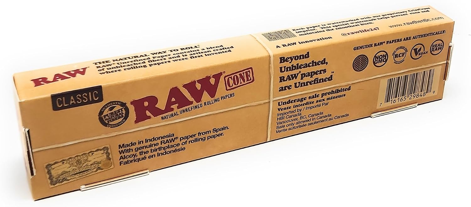 Raw Classic Natural Unrefined King Size PreRolled Rolling Paper Cones 32 Per Box
