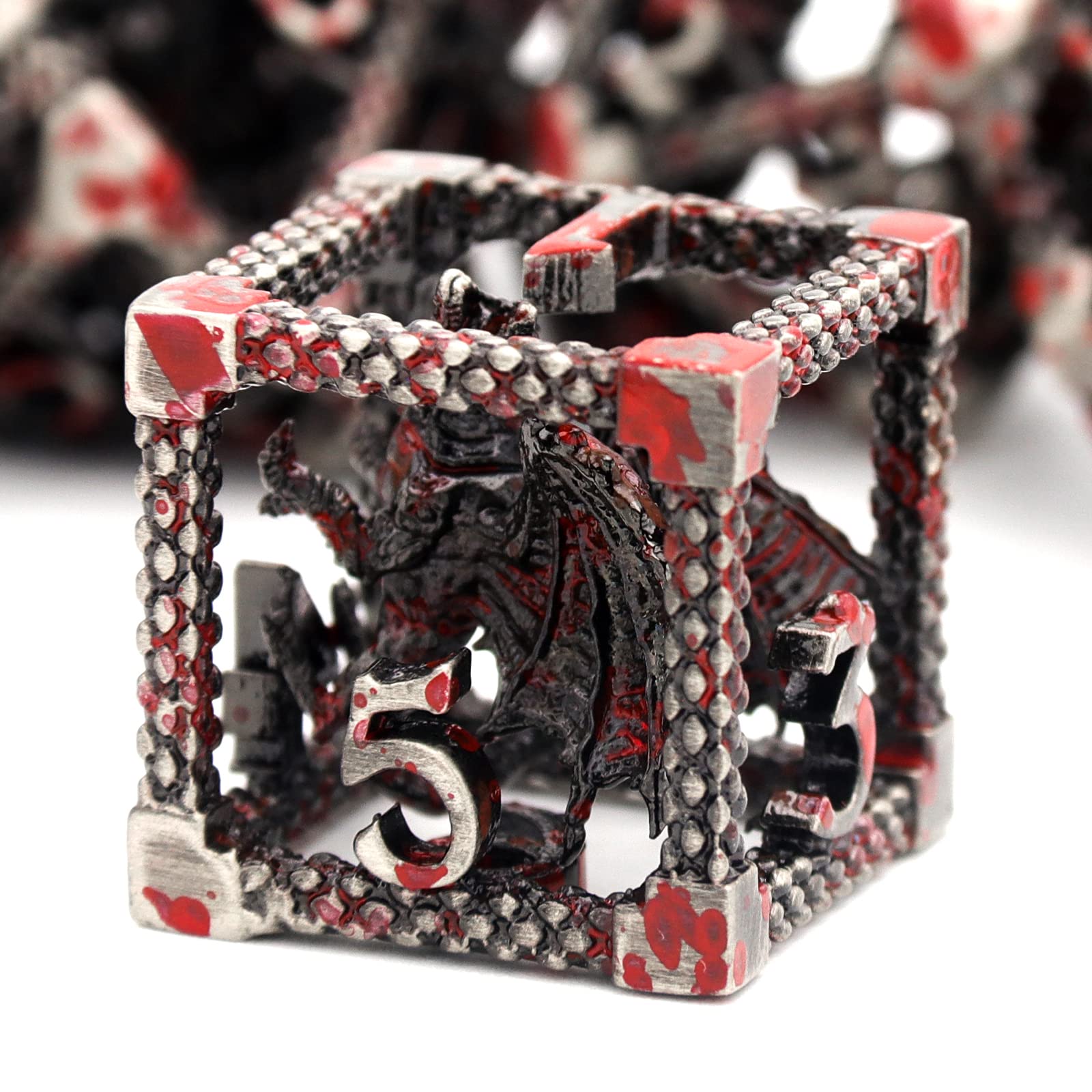 HNCCESG DND Dice Set,3D Hollow Dragon Metal 7-Die,Silver Blood Spot | Copper construction,68g Balanced weight,Engraved numbers,Gift box and Velvet bag