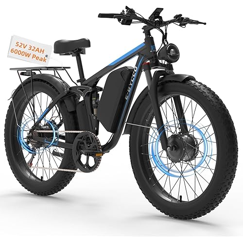 6000W Electric Bike for Adults, 52V 32AH Dual Motor E-Bike, Up to 90Mile & 45MPH All-Terrain Fat Tires Full Suspension 24/26 Inch Electric Bicycles Hydraulic Disc Brake for Road UL2849 by SGS