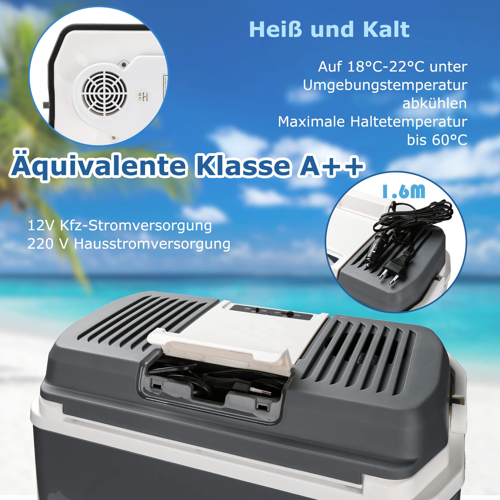 Frigorifero per auto, 24 l, mini frigo da campeggio, termoelettrico, 12 V, 230 V, caldo e freddo, con modalità ECO, portatile, per auto, barca e camion, con cavo, A++