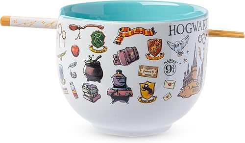 Silver Buffalo Harry Potter Icons - Tazón de cerámica para fideos ramen y arroz con palillos, apto para microondas, 20 onzas