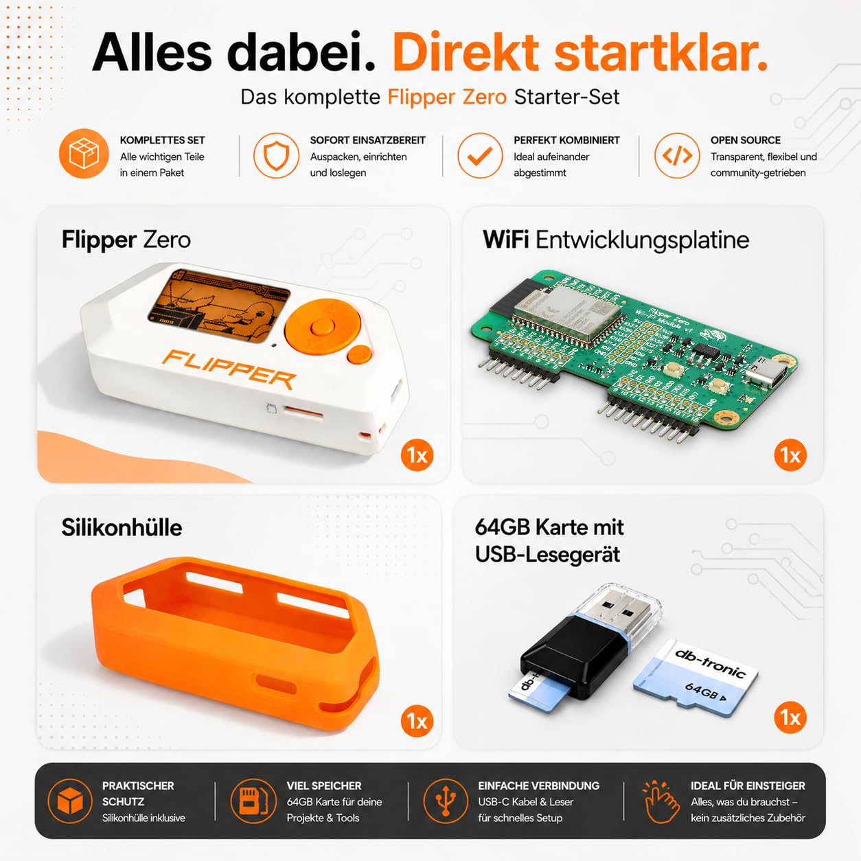 Flipper Zero Starter Full Set mit WiFi-Board, Silikonhülle, 64GB Speicherkarte und USB-Kartenleser