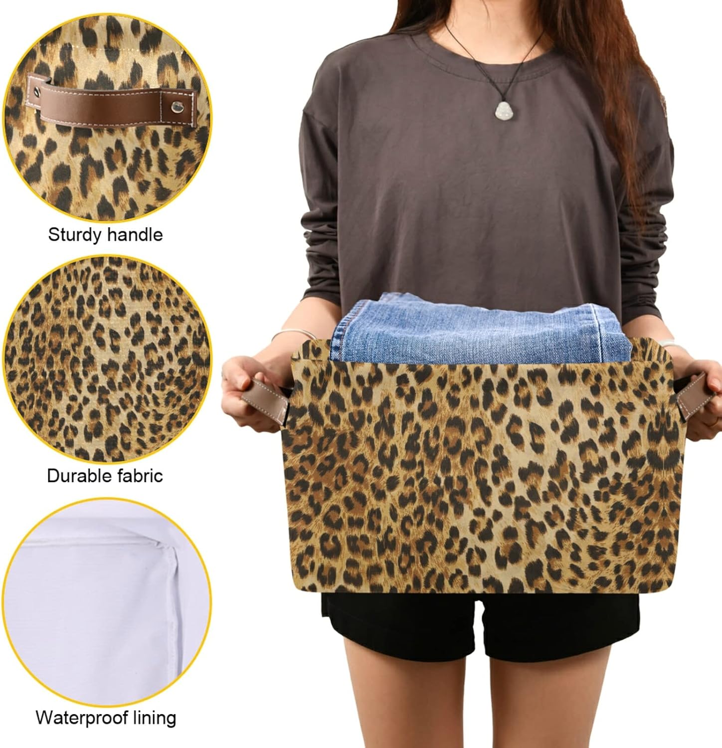 Leopard Print Canvas Storage Bin - Large Animal Toys Basket Cube Box With Handles for Home Office Bedroom Closet Shelves, 2 Pcs