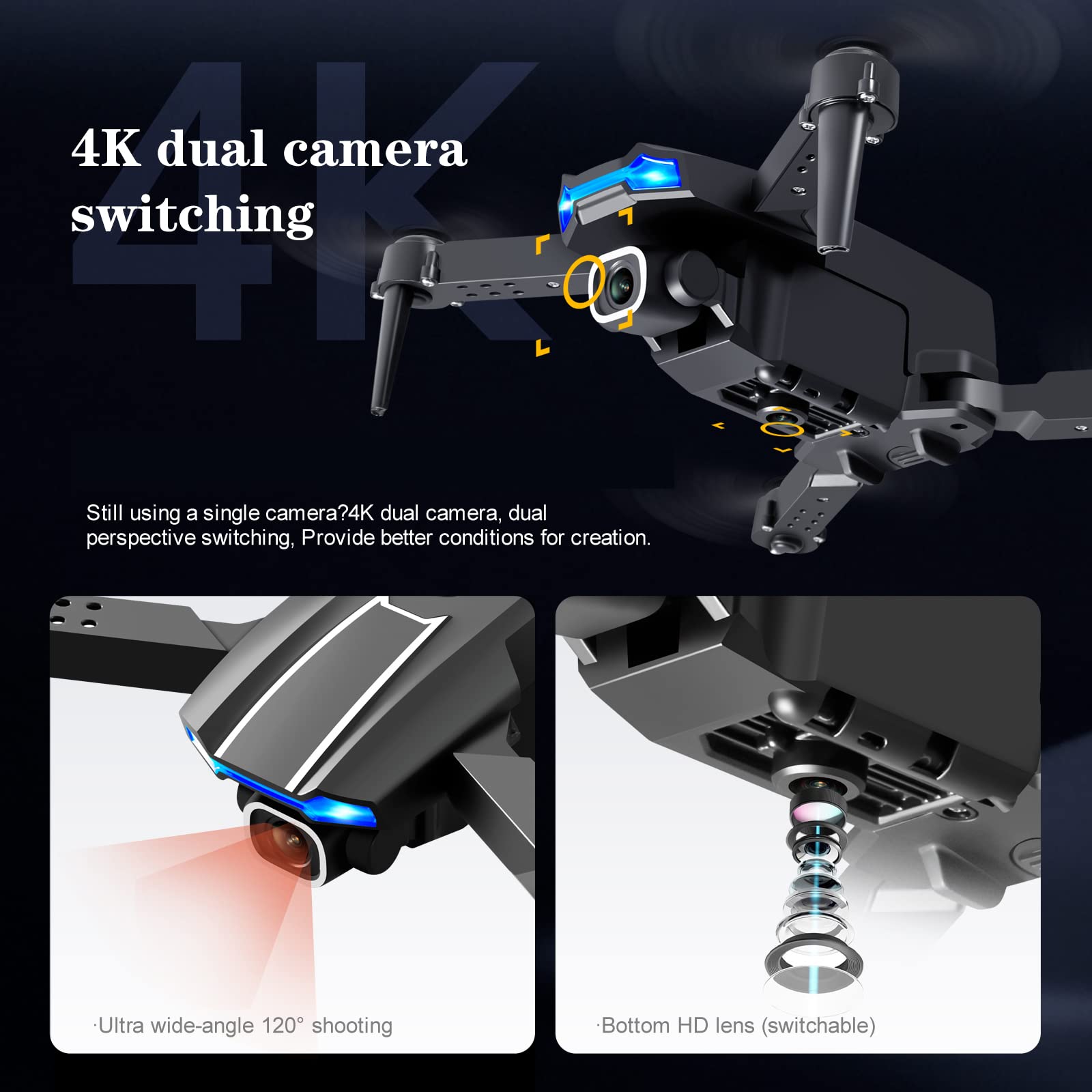 Droni Pieghevoli con Fotocamera 4K, quadrirotore RC per Adulti, Video Live FPV, Mantenimento dell'altitudine, decollo a Una Chiave per Bambini o Principianti con 3 batterie, modalità Senza t
