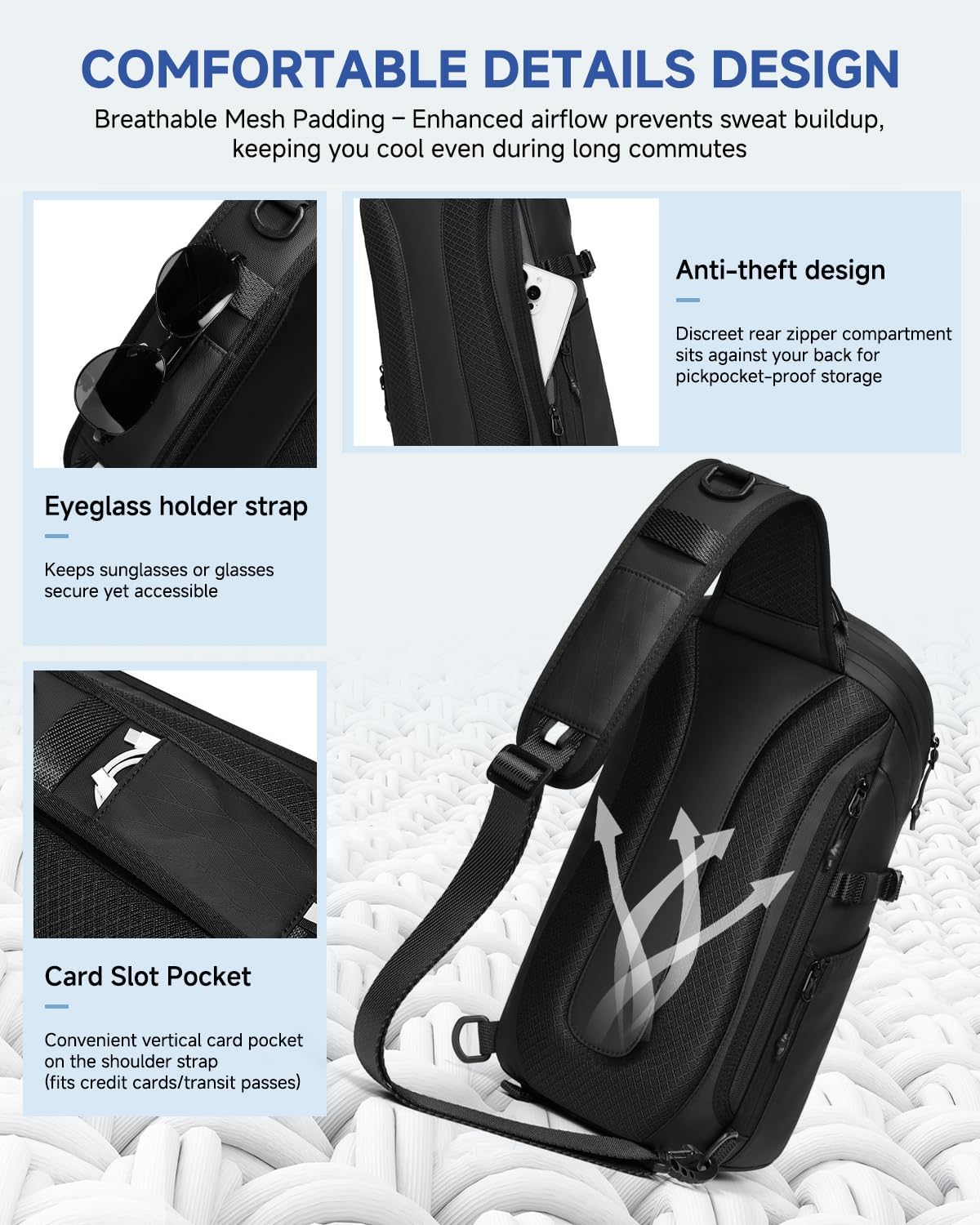 Somago Crossbody Sling Backpack Sling Bag Travel Hiking Chest Bag Daypack Single Shoulder Bag (Black)
