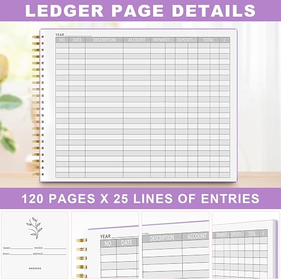 AKONEGE Accounting Ledger Book for Small Business Bookkeeping & Personal Use, Horizontal Expense Tracker Notebook for Family Budget, Bookkeeping Record Book Money Expense & Income Log Journal, Purple