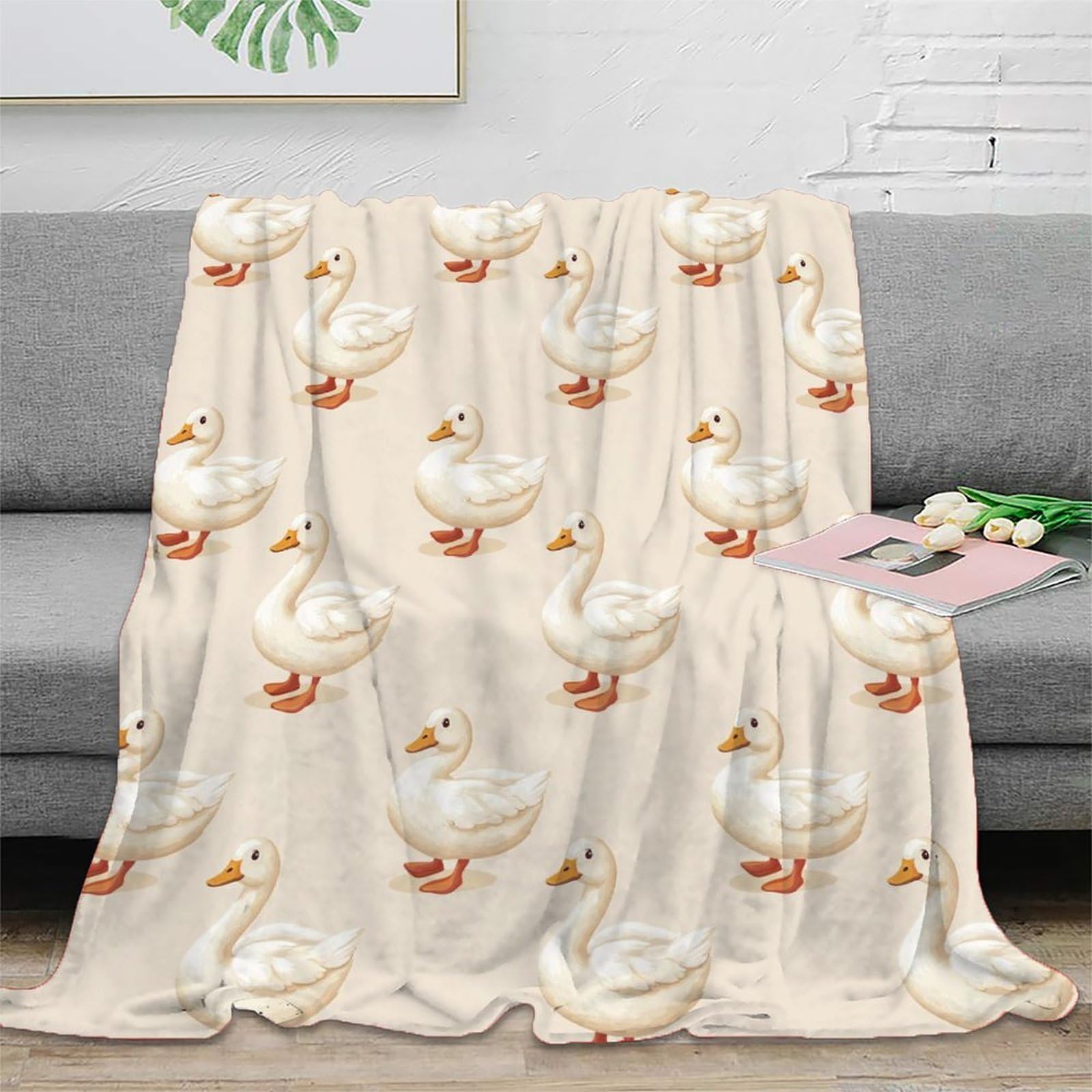 Plaid canapé microfibre doux motif canard blanc 3D couverture compacte de voyage