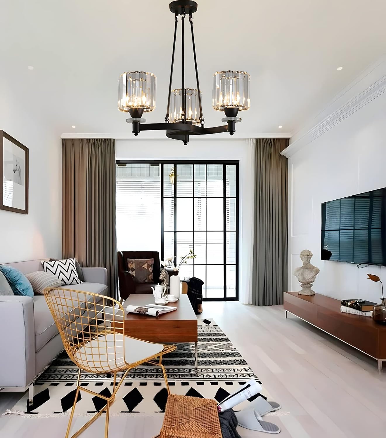 エレガントなプリズマティッククリスタルLED SXSLTSAモダンゴールド天井照明器具、6つの丸型ペンダントライト付き、伝統的なリビ