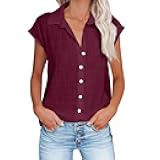 Linen Shirts for Women Casual Button Down Cap Sleeve Shirts Comfy Loose Solid Work Tops Plain Summer Blouse Tops