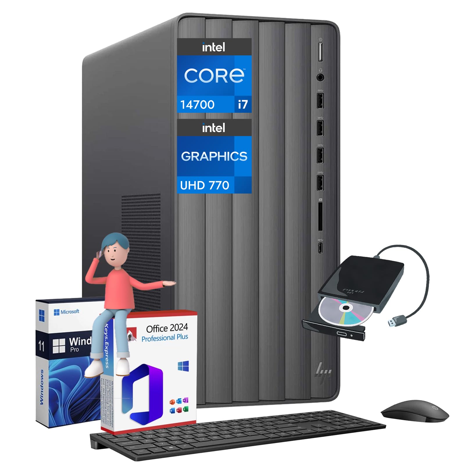 HPEnvy TE01 Desktop Computer PC - Intel i7 14700(20-core, up to 5.4GHz) - Wi-Fi 6 - Intel UHD Graphics - Office Lifetime - Win11 Pro & External Optical Drive (64 GB RAM | 2 TB SSD | 2 TB HDD)