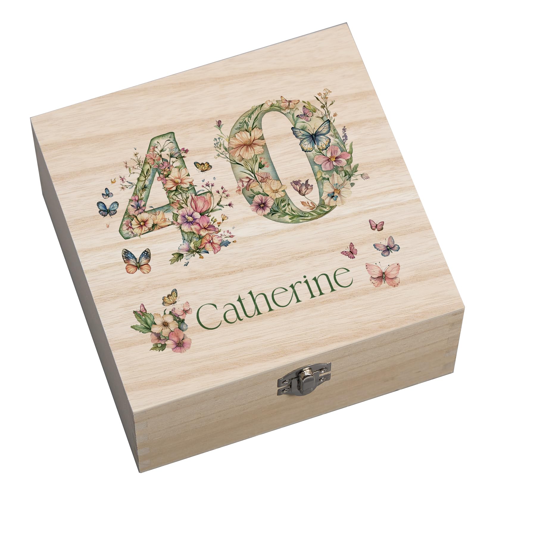 ukgiftstoreonline Personalised 40th Birthday Keepsake Memory Box, Natural Wood with Butterfly and Flower Design, 17x17x7cm, Square Storage Box