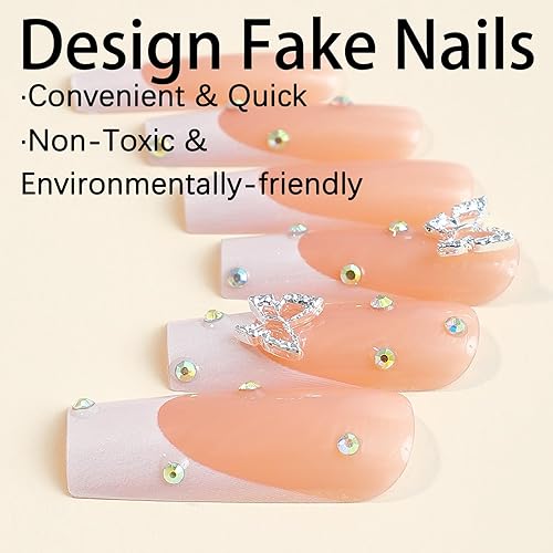 Miniatura 3 de Uñas postizas largas a presión, uñas postizas cuadradas de punta francesa blanca con diseños 3D, dijes de mariposa y diamantes de imitación, uñas