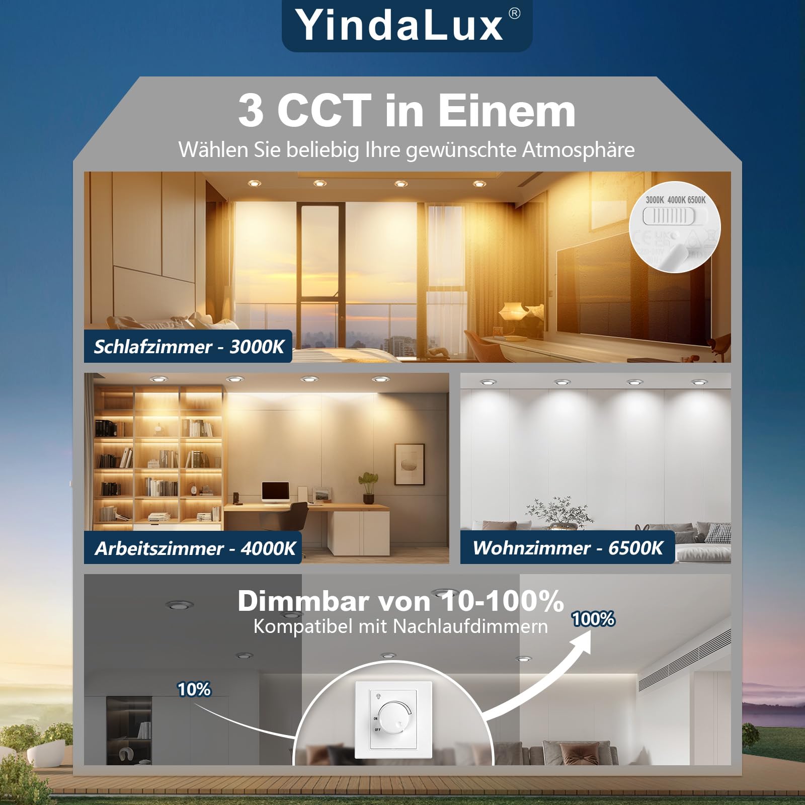 YindaLux 10er Set 3CCT LED Modul 230V - Ultra Flach ø50*23mm für Einbaustrahler - 4.9W 500LM 38° Abstrahlwinkel - 3000K/4000K/6000K Dimmbar - Ersetzt GU10 MR16 Leuchtmittel - IP44 Wasserdicht