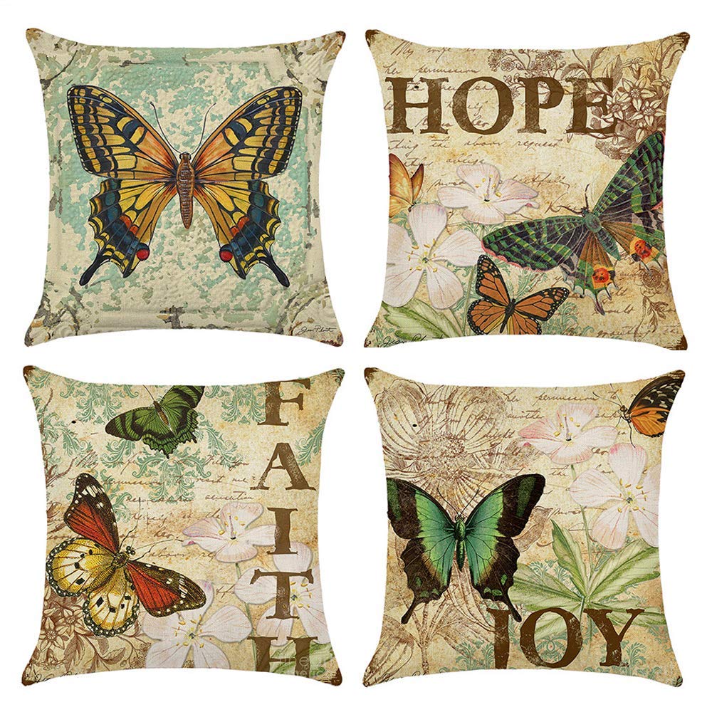 DUSEN Decorative Cotton Linen Set of 4 Throw Pillow Cushion Covers 18 x 18 inch for Sofa, Bench, Bed, Auto Seat (Butterfly Pattern)…