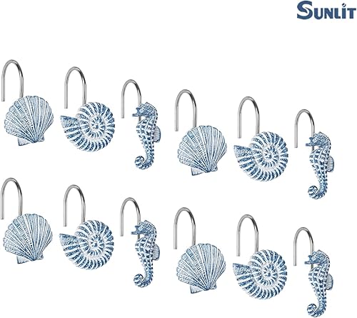 Miniatura 2 de Sunlit Seashells - Ganchos decorativos para cortina de ducha, anillos de cortina de ducha costeras de criaturas oceánicas azul cielo, resina,