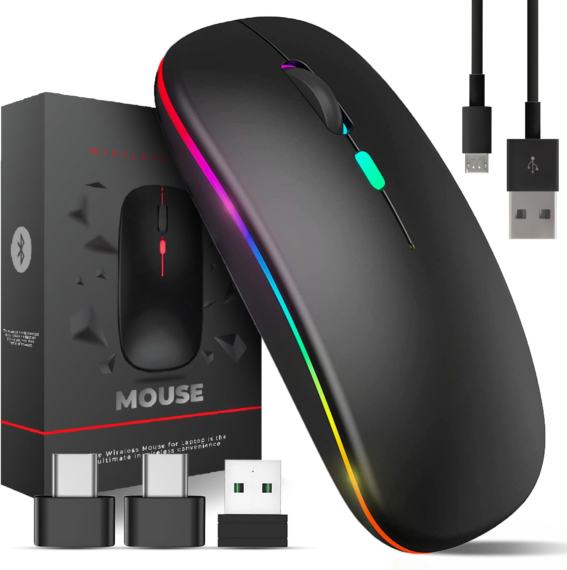 Wireless Bluetooth Mouse, Rechargeable, LED, Silent, Ultra-thin Design (Bluetooth 5.2 and 2.4GHz USB Receiver) | Portable Computer Mouse for Laptops, iPads, MacBooks and Apple Devices (Black)