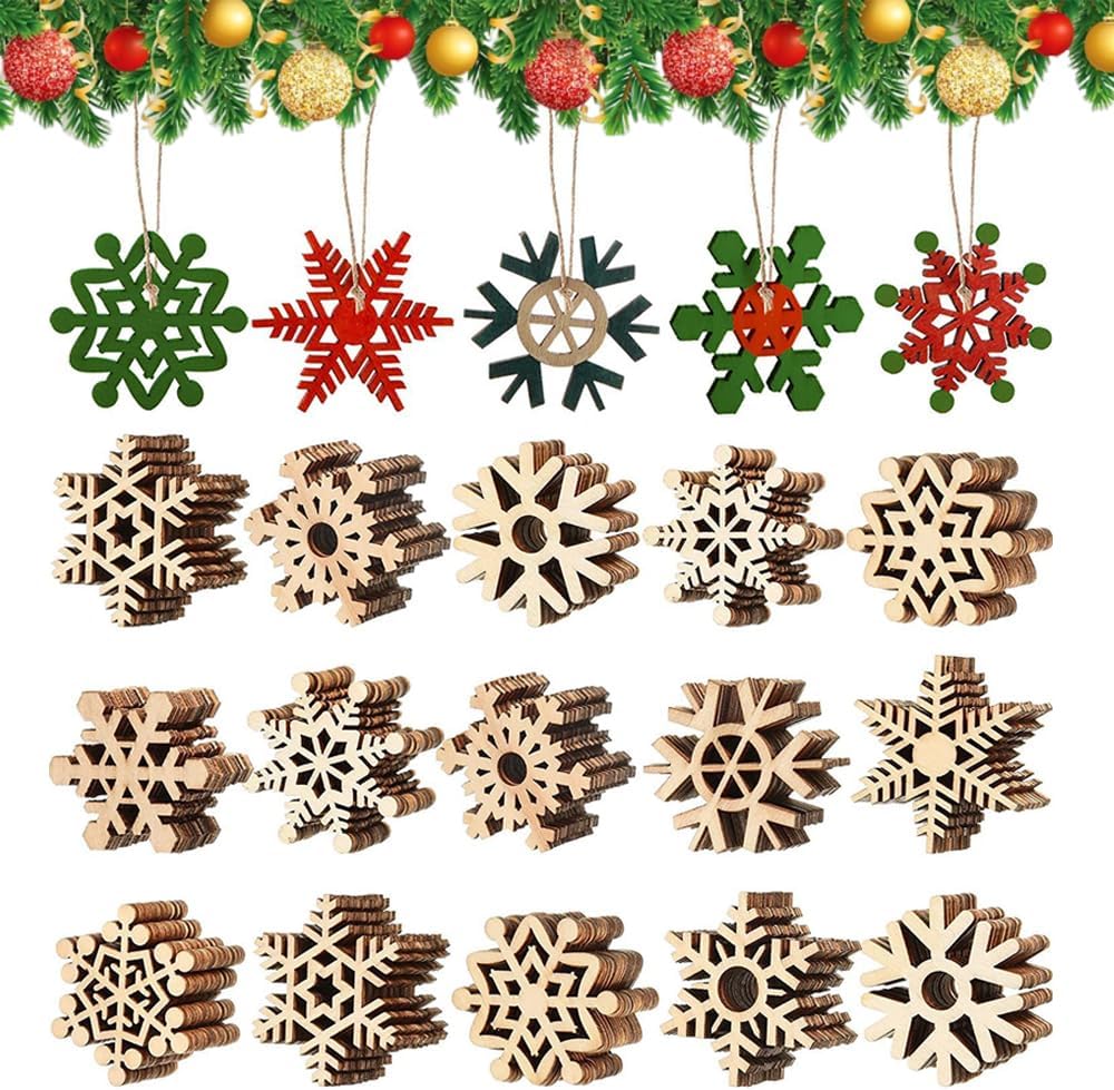 Goodern 50PCS Christmas Unfinished Wooden Snowflake Ornaments,Christmas Tree Decorations Snowflake Hanging Cutouts Blank Wood Slices with Strings for Xmas Tree Decor Xmas Holiday Party Decorations
