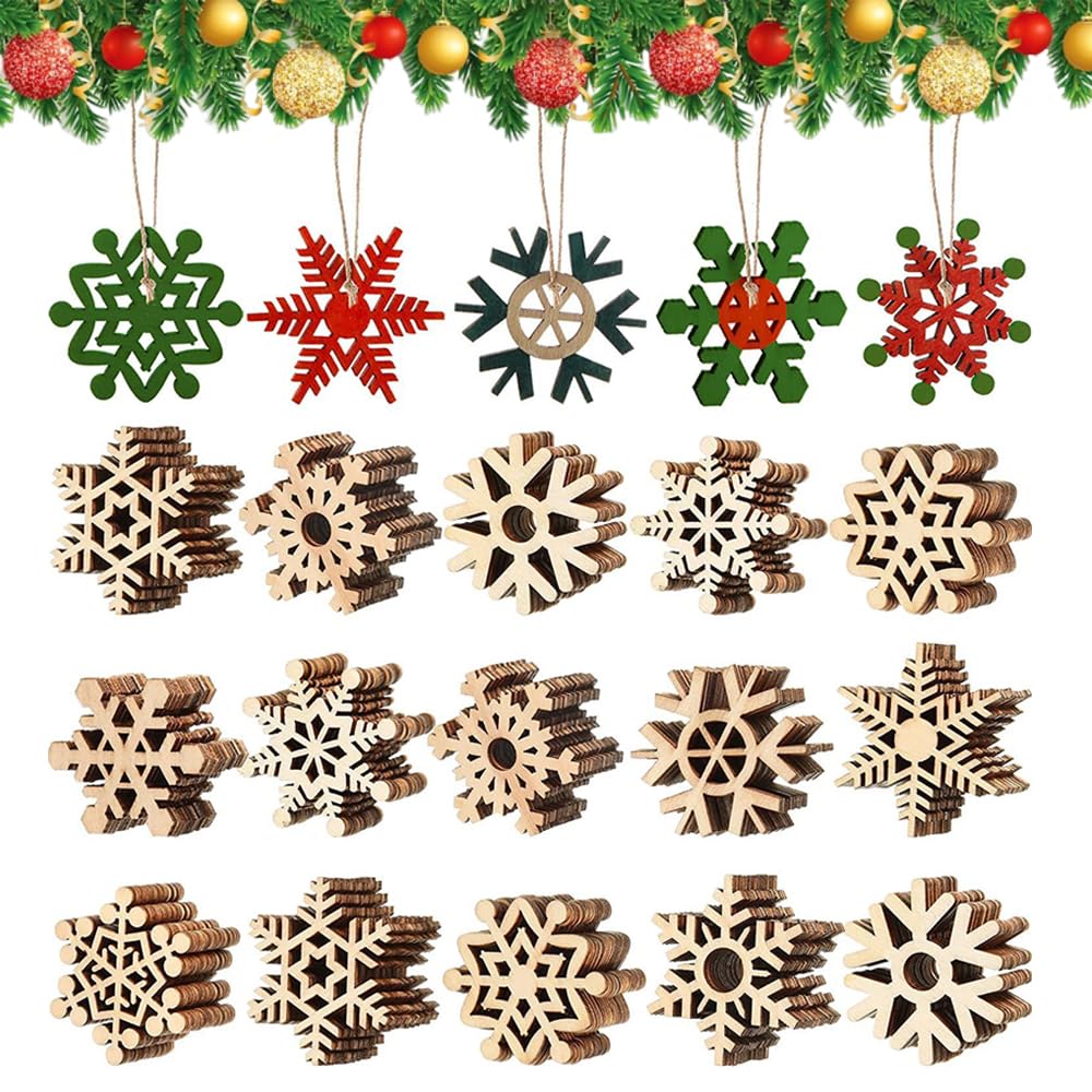 Goodern 50PCS Christmas Unfinished Wooden Snowflake Ornaments,Christmas Tree Decorations Snowflake Hanging Cutouts Blank Wood Slices with Strings for Xmas Tree Decor Xmas Holiday Party Decorations